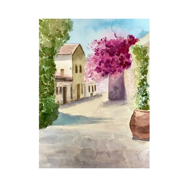 Landscape original watercolor painting, floral landscape painting, bouganvillea aquarelle, floral wall decor, aquarelle original12x16 in