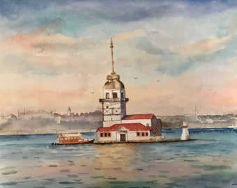 Istanbul original watercolor painting, city landscape art,istanbul painting, wall decor, istanbul watercolor, nautical wall art