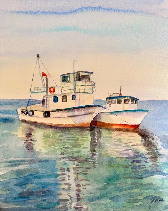 オリジナル水彩画、海の風景画、漁船アート（10x14） - Etsy 日本