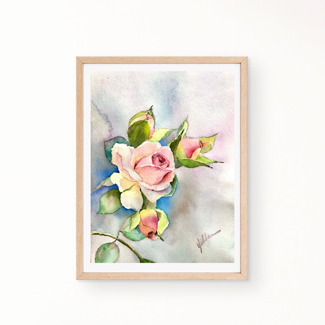 Original Pink Rose Watercolor Painting, Floral Wall Art (8x12 In) - Etsy