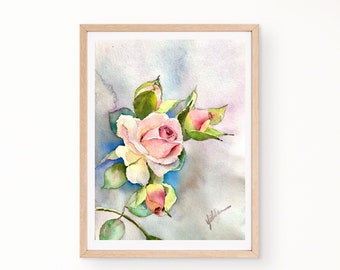 Pink rose original watercolor, floral painting wall art, wall decor, nature home decor, handmade watercolor, mother gift, 8x12 in