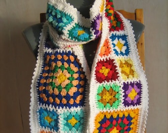 Colorful crochet scarf, colourful, granny square scarf, winter fashion, gift for her, crochet fashion accessory