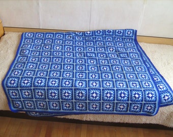 Granny square afghan blanket, handmade, colorful, patchwork, crochet, wrap, cover, blue, light, girl, warm and cozy