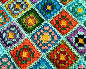 Granny square afghan blanket, handmade, colorful, patchwork, crochet, wrap, cover, warm and cozy