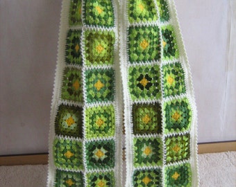 Granny square scarf, crochet shawl, unique design, warm, colorful, hippie style, green, white, handmade, bohemian, patchwork