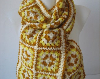 Granny square scarf, crochet, unique design, warm, hippie style, yellow, white colors, handmade, bohemian, patchwork, lady gift