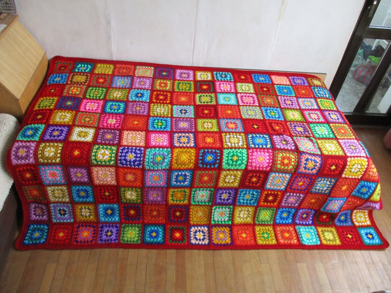 Big granny square afghan blanket, red, warm, wrap, colorful, handmade, retro, crochet, patchwork, bed cover, cozy image 1