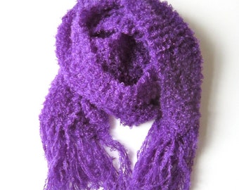 Knit scarf purple warm handmade bright color shawl fringes wool