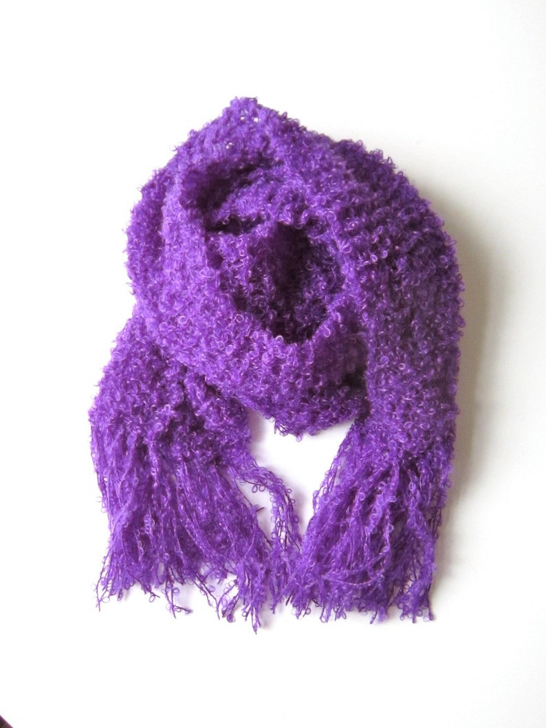 Knit scarf purple warm handmade bright color shawl fringes wool image 1