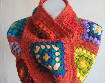 Granny square scarf,afghan crochet, warm, long shawl, dark orange, colorful,handmade, patchwork, winter, hippie style, lady gift