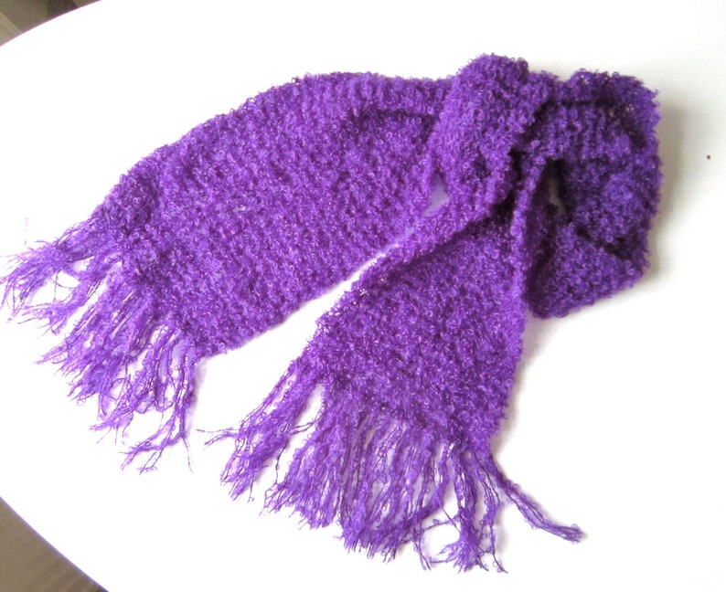 Knit scarf purple warm handmade bright color shawl fringes wool image 3