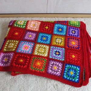 Big granny square afghan blanket, red, warm, wrap, colorful, handmade, retro, crochet, patchwork, bed cover, cozy image 3