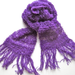 Knit scarf, purple, warm, wool, cozy, handmade, shawl, bright, soft image 1