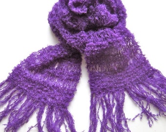 Knit scarf, purple, warm,  wool, cozy, handmade, shawl, bright, soft