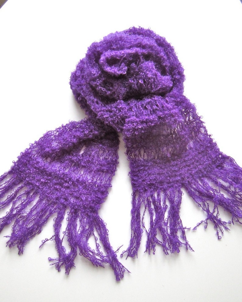 Knit scarf, purple, warm, wool, cozy, handmade, shawl, bright, soft image 1