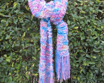 Knit scarf, handmade, bright colors, unique design, blue, fringes, shawl, warm and cozy