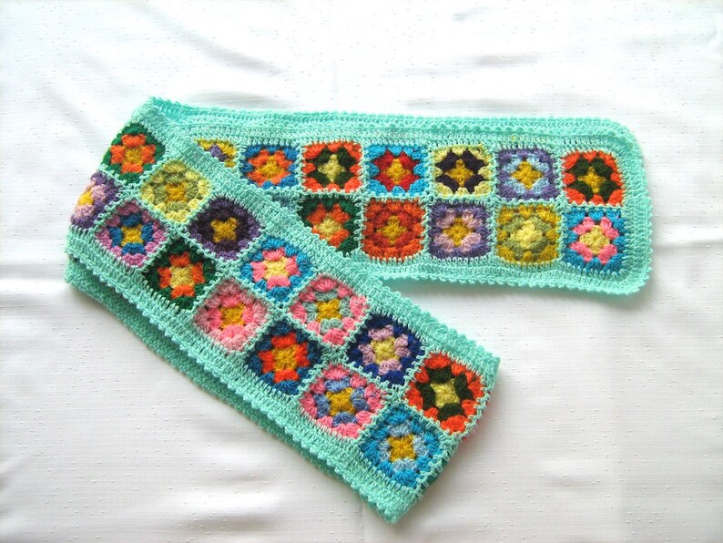 Emerald Granny Square Scarf, hippie style, unique design, bohemian, shawl, colorful, bright, handmade, warm image 4