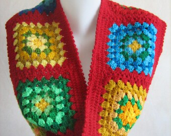 Granny square scarf, crochet, warm, long, red shawl, colorful, lady gift, handmade, patchwork, unique design, winter, hippie style