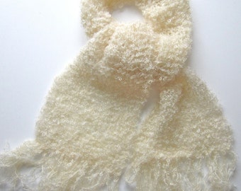 Knit scarf, white, delicate, Italian wool, warm, handmade, cozy, shawl