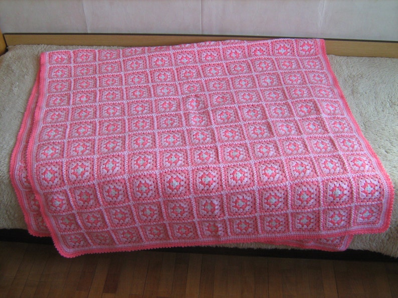 Granny square afghan blanket, handmade, colorful, patchwork, crochet, wrap, cover, pink, light, girl, warm and cozy image 2