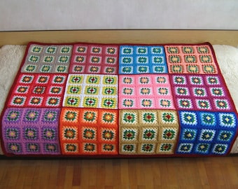 Granny square afghan, red, colorful, home decor, retro, bed, cover, blanket, crochet, sofa, picnic, cozy and warm