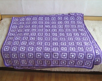 Granny square afghan blanket, handmade, colorful, patchwork, crochet, wrap, cover, purple, light, warm and cozy