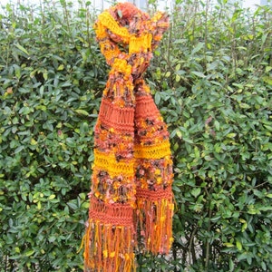 Knit scarf, warm shades, handmade, orange and yellow, dropstitch, shawl, warm and cozy, soft