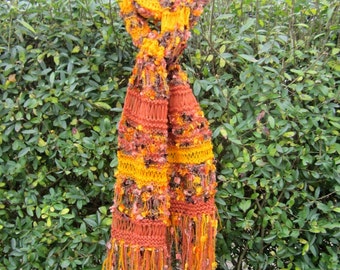 Knit scarf, warm shades, handmade, orange and yellow, dropstitch, shawl, warm and cozy, soft