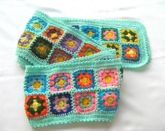 Emerald Granny Square Scarf, hippie style, unique design, bohemian, shawl, colorful, bright, handmade, warm