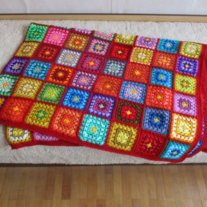 Big granny square afghan blanket, red, warm, wrap, colorful, handmade, retro, crochet, patchwork, bed cover, cozy image 2