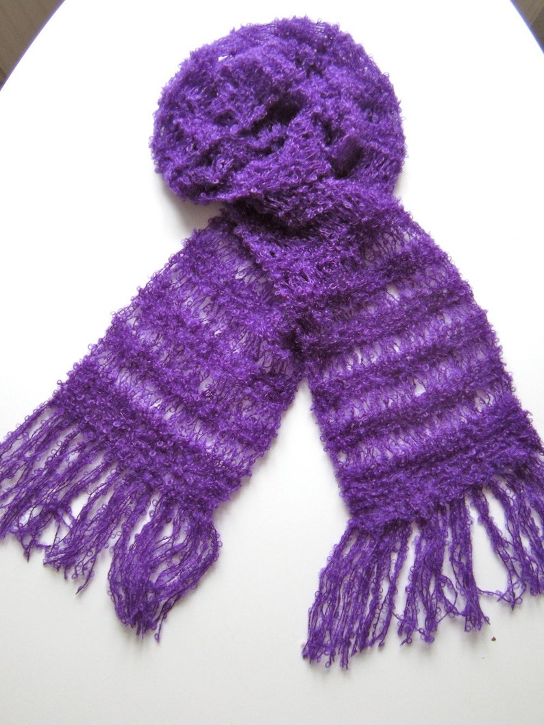 Knit scarf, purple, warm, wool, cozy, handmade, shawl, bright, soft image 5