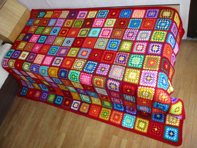 Big granny square afghan blanket, red, warm, wrap, colorful, handmade, retro, crochet, patchwork, bed cover, cozy image 5