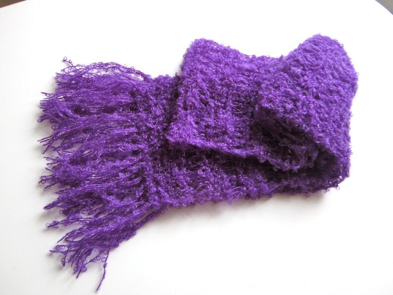 Knit scarf, purple, warm, wool, cozy, handmade, shawl, bright, soft image 2