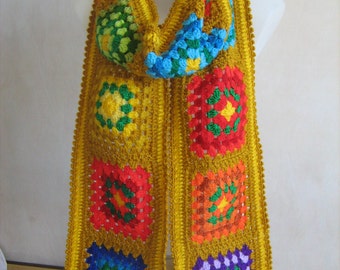 Granny square scarf, crochet, warm, long, golden yellow, colorful shawl, handmade, patchwork, unique design,lady gift, hippie