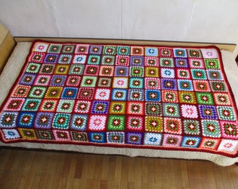 Granny square afghan, red, colorful, home decor, retro, bed, cover, blanket, crochet, sofa, picnic, cozy and warm