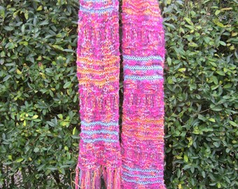 Knit scarf - fuchsia and more, handmade, bright colors, unique design, shawl, fringes, warm and cozy