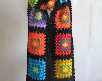 Granny square scarf, afghan crochet, warm, long shawl, black, colorful scarf, lady gift, handmade, patchwork, winter, unique design