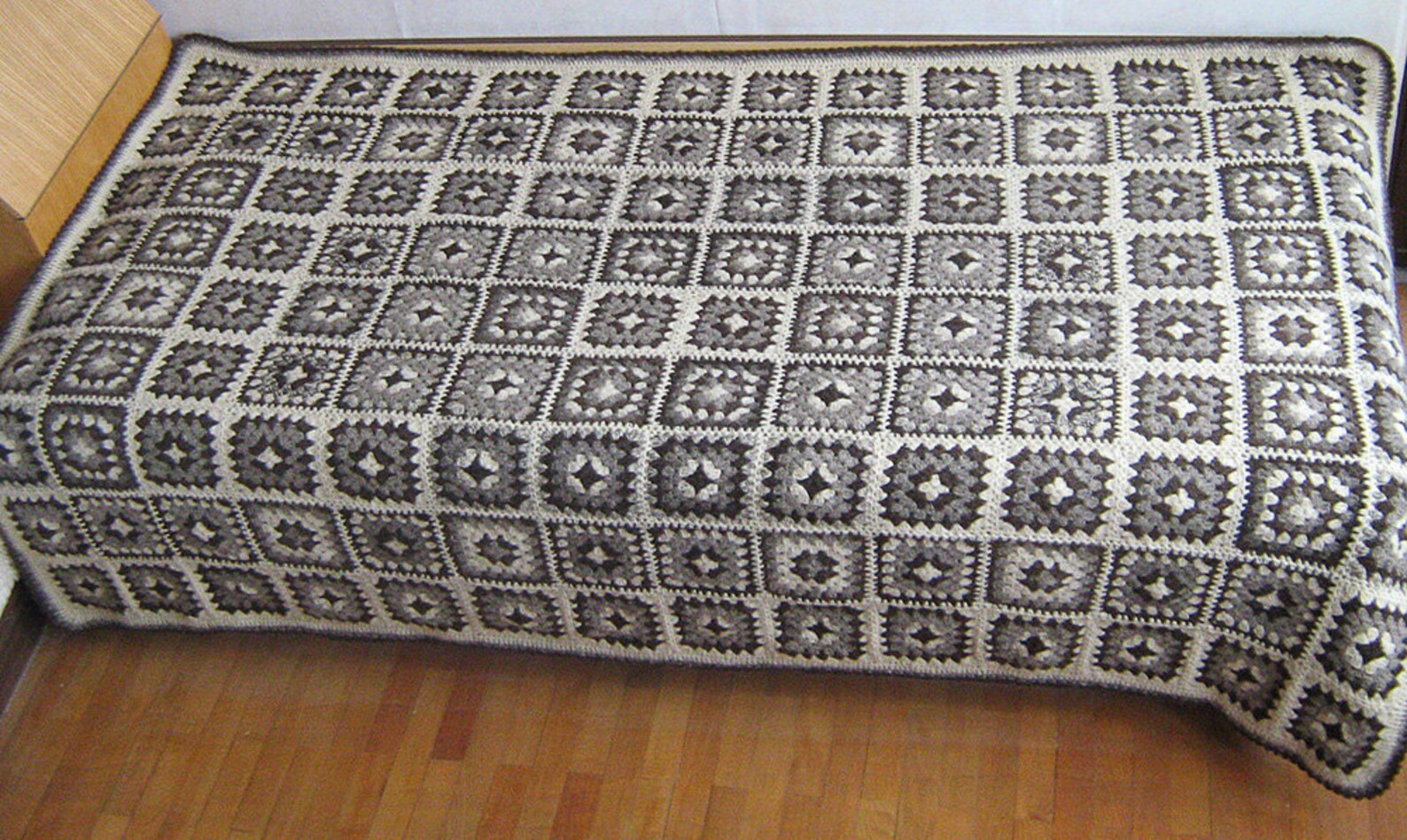 Monochrome Granny Square Blanket, Monochrome Afghan, Pure Wool, Bed