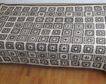 Monochrom-Oma Platz Decke, monochrome Afghan, reine Wolle, Bettdecke, Patchwork, häkeln, grau, weiß, Braun, warme Decke
