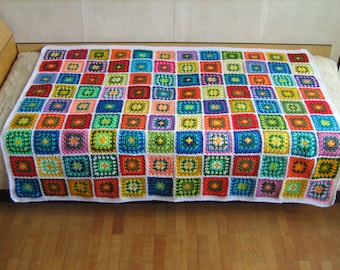 Granny square afghan, blanket, white, colorful, warm, wrap, handmade, crochet, patchwork, cozy, bed cover