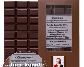 Champion 65% - 80g Zartbitterschokolade Criollo | Handgeschöpft mit Wunschtext auf Banderole |Schokoladen- & Webinar-Manufaktur in Passau