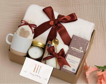 Birthday Gift Box, Cozy Self-Care Blanket, Candle, Mug, Chocolate