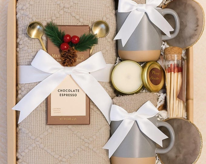 Luxury Christmas Gift Box – Cozy Holiday Gift Set with Blanket, Mugs, Gold Tray & Candle | Holiday Care Package | Ships Fast