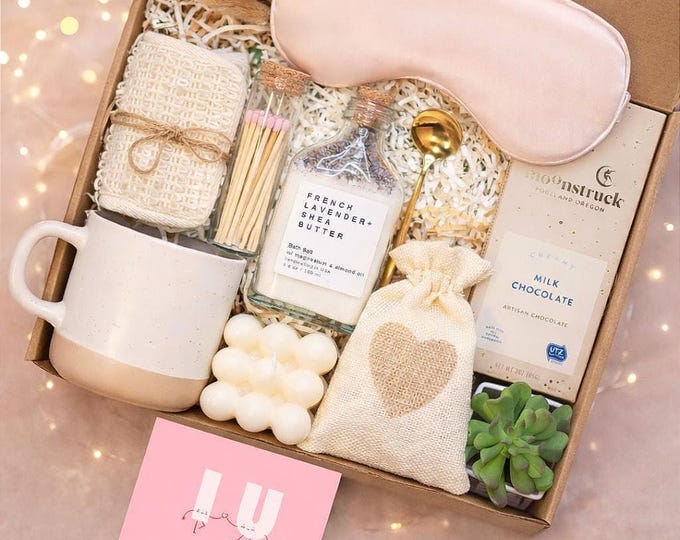 Valentine’s Day Self Care Gift Box, Cozy Relaxation Gift, Wellness Care Package with Candle, Chocolate, Mug