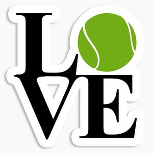 May include: Black and white graphic of the word "LOVE" with a green tennis ball replacing the "O".