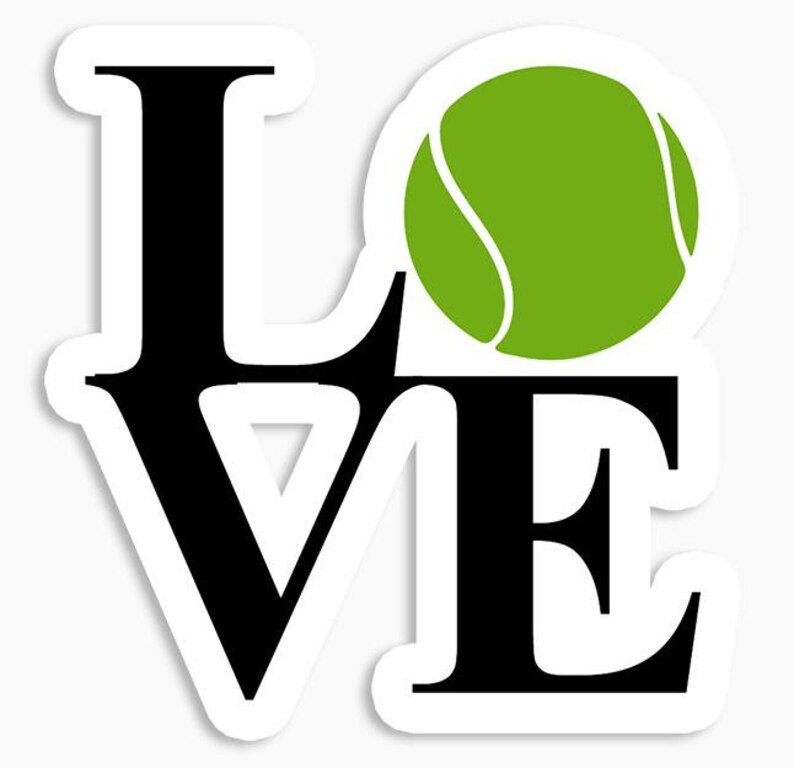 May include: Black and white graphic of the word "LOVE" with a green tennis ball replacing the "O".