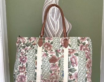 Vintage 90s Floral Duffel Bag Cottagecore Weekender Pink Sage Canvas Travel Tote