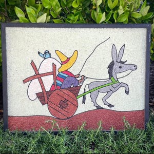 Mid-Century Vintage Gravel Art – Donkey & Cart – 25.5" x 19.5"