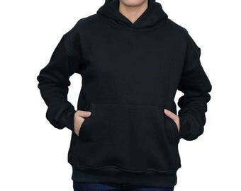 Schwarzer Baumwoll Fleece Hoodie: Frauen Pullover Sweatshirt