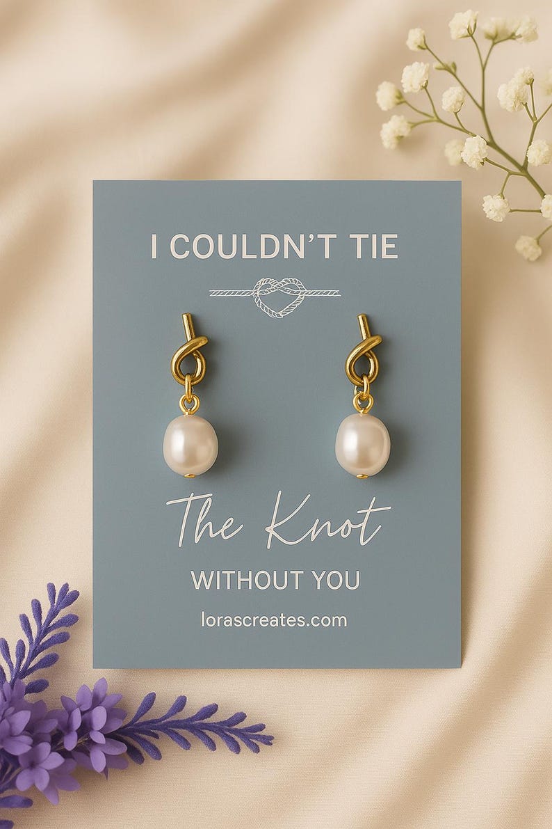 Pearl Knot Bridesmaid Earrings: Tie The Knot Wedding Jewelry, Dainty Bridal Accessory Pastel - Dusty Blue